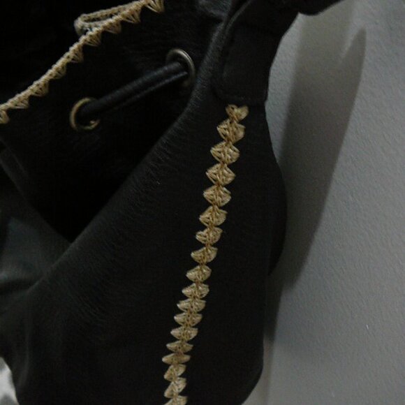 Black Drawstring Closure Cross Body Faux Leather Purse Bag w/Tan Embroidery - Picture 4 of 7